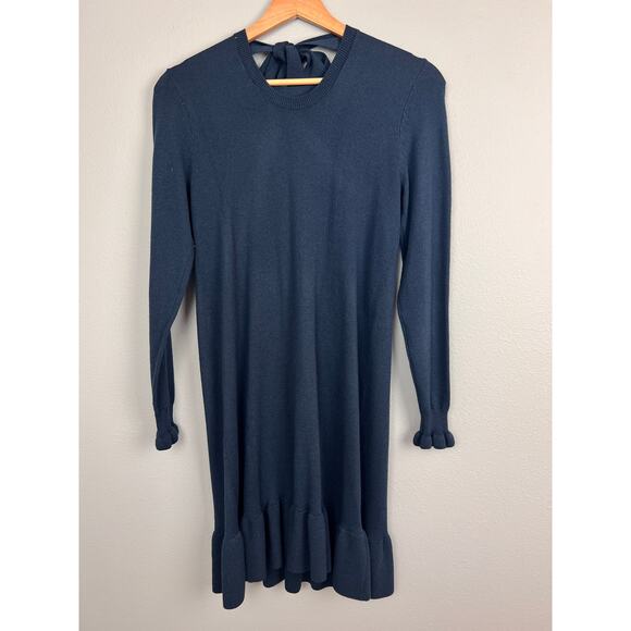 NWT LOFT Womens XSP Navy Wool Tie Neck Sweater Dress Coquette Preppy Holiday‎ - Picture 3 of 11